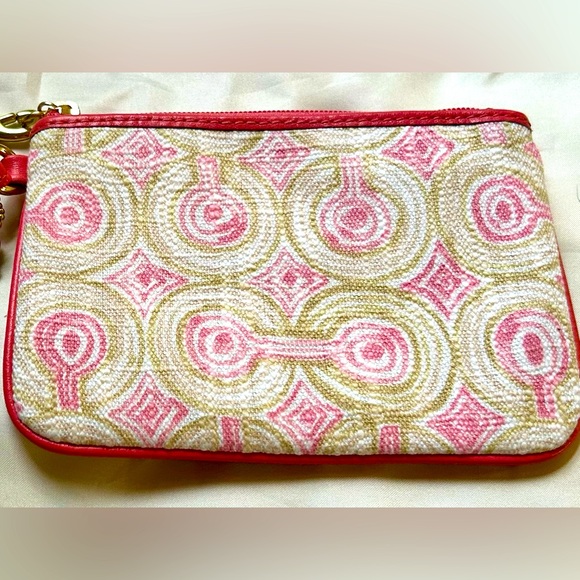 Coach Handbags - Coach Audrey Op Art Swirl Pink Khaki Canvas Pink Leather Wristlet Wallet EUC